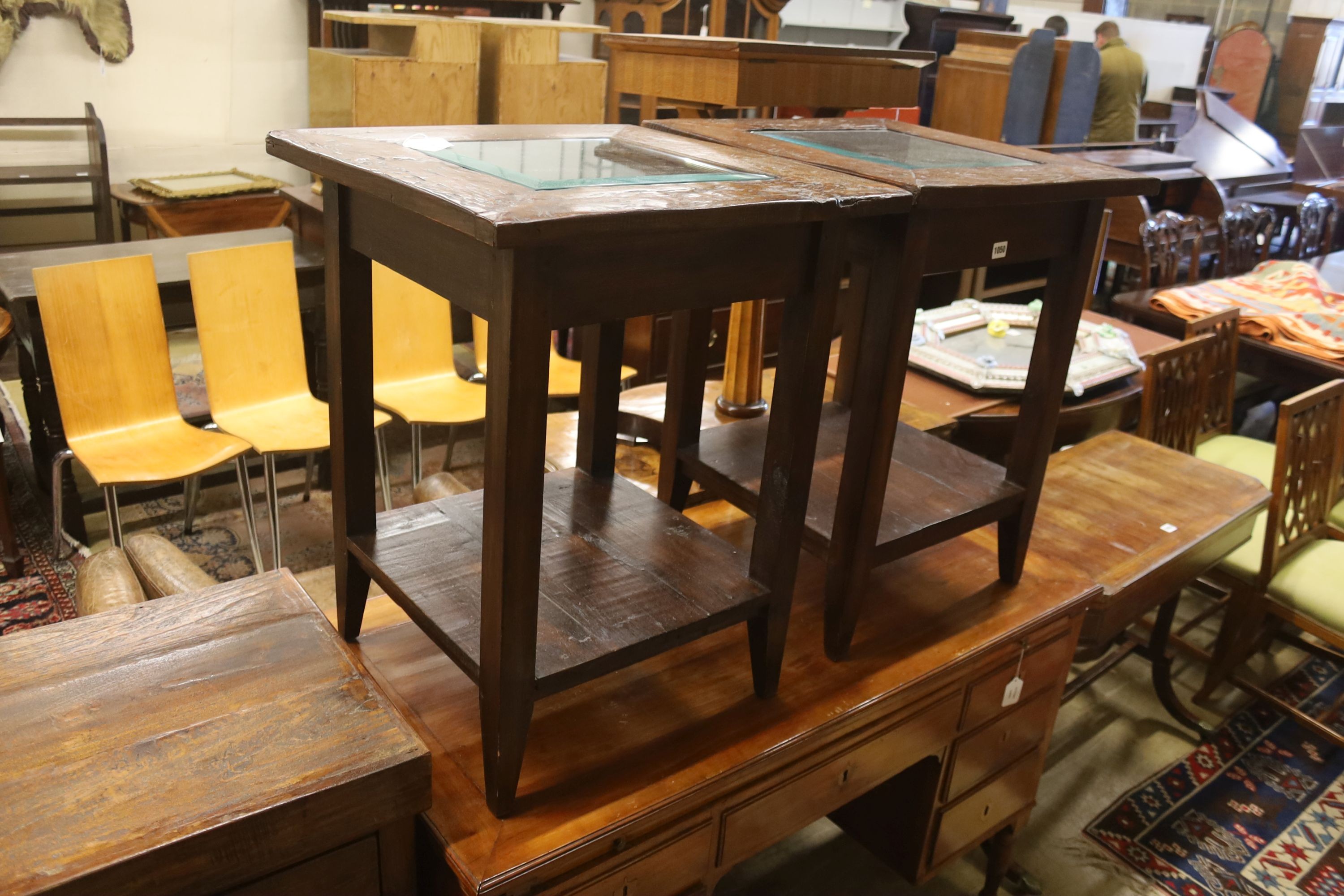 A pair of square glazed hardwood occasional tables, width 55cm, height 70cm